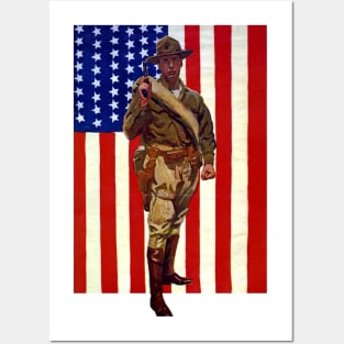 Vintage Soldier with American Flag Posters and Art